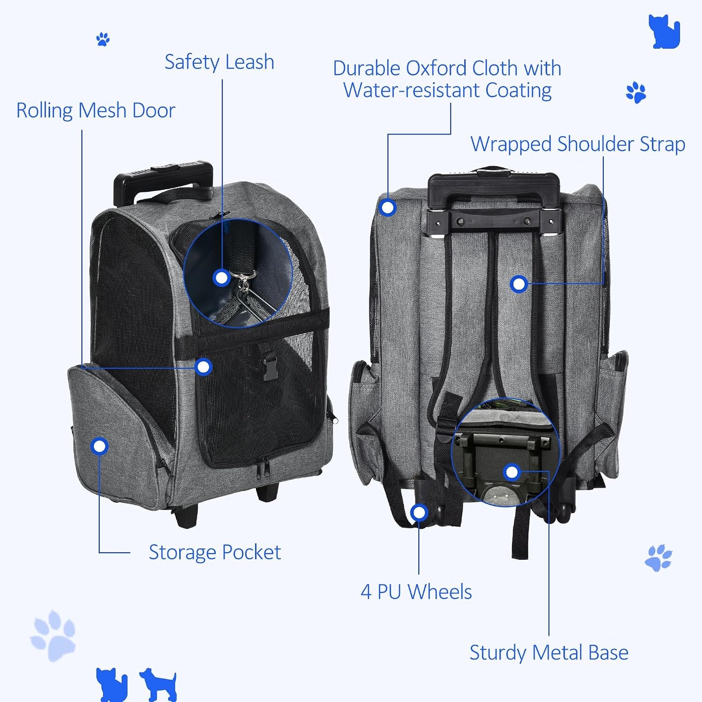 PawHut 2-in-1 Pet Luggage Box Backpack Carrier Cats Dogs w/Handle, Rolling Wheel Grey