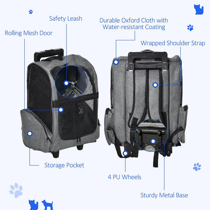 PawHut 2-in-1 Pet Luggage Box Backpack Carrier Cats Dogs w/Handle, Rolling Wheel Grey
