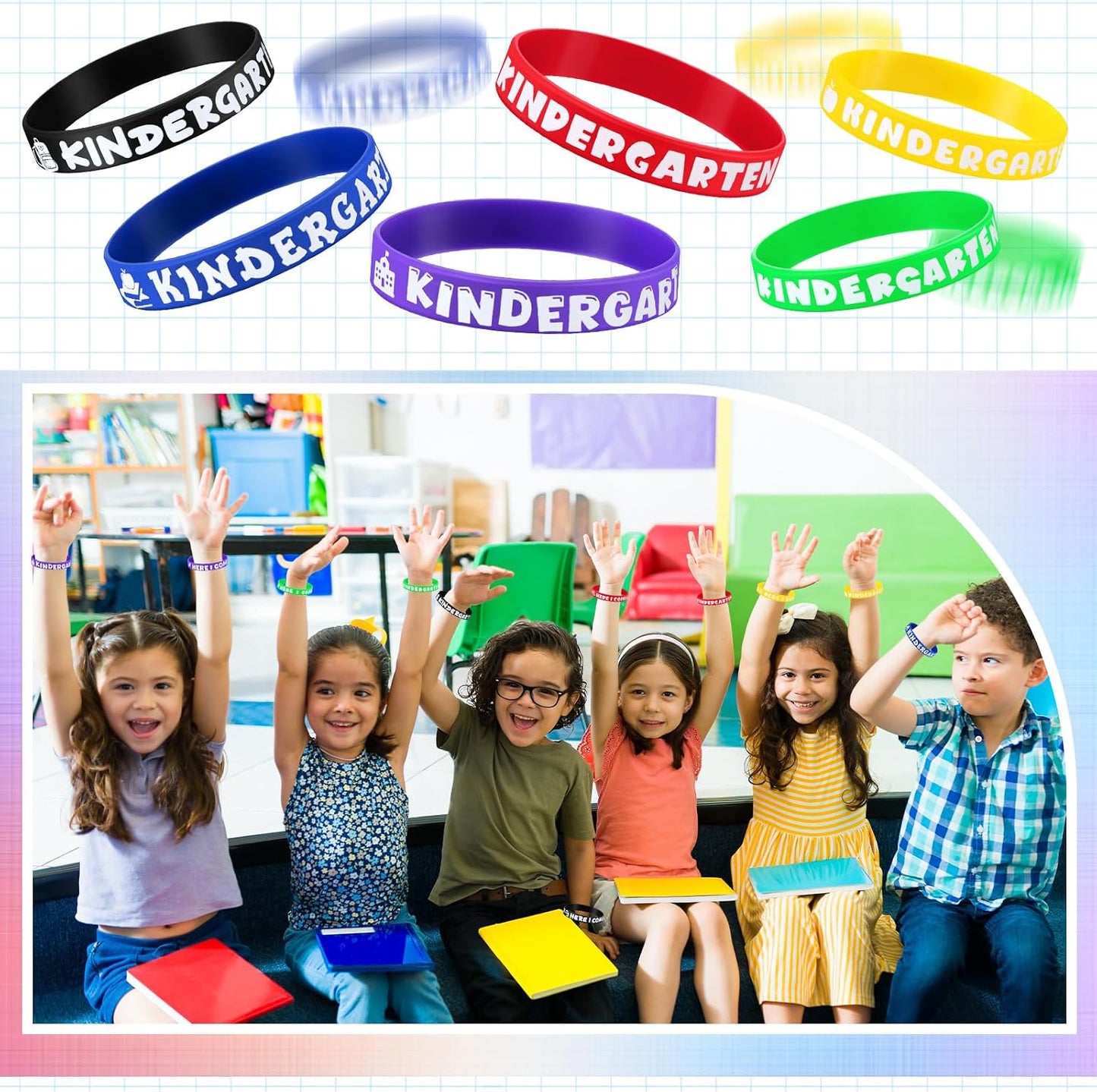 Simgoing 60 Pcs Kindergarten Here I Come Rubber Bracelets Kindergarten Here I Come Party Wristbands Supplies Colored Silicone Bracelets