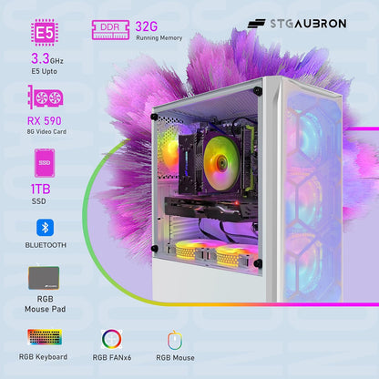 STGAubron Gaming Desktop PC, Radeon RX 590 8G GDDR5, Intel i7 Xeon E5 2.5G up to 3.3G, 32G DDR3, 1T SSD,600M WiFi, BT 5.0, RGB Fan x 6, RGB Keyboard & Mouse & Mouse Pad, W10H64