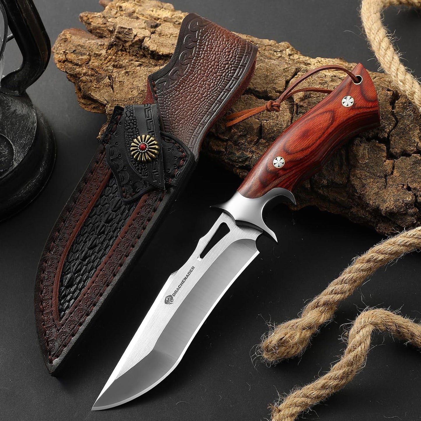 DRACHENADER Fixed Blade Knife with Leather Sheath, Full Tang Survival Knife, M390 Steel Hunting and Camping Outdoor Survival and Bushcraft