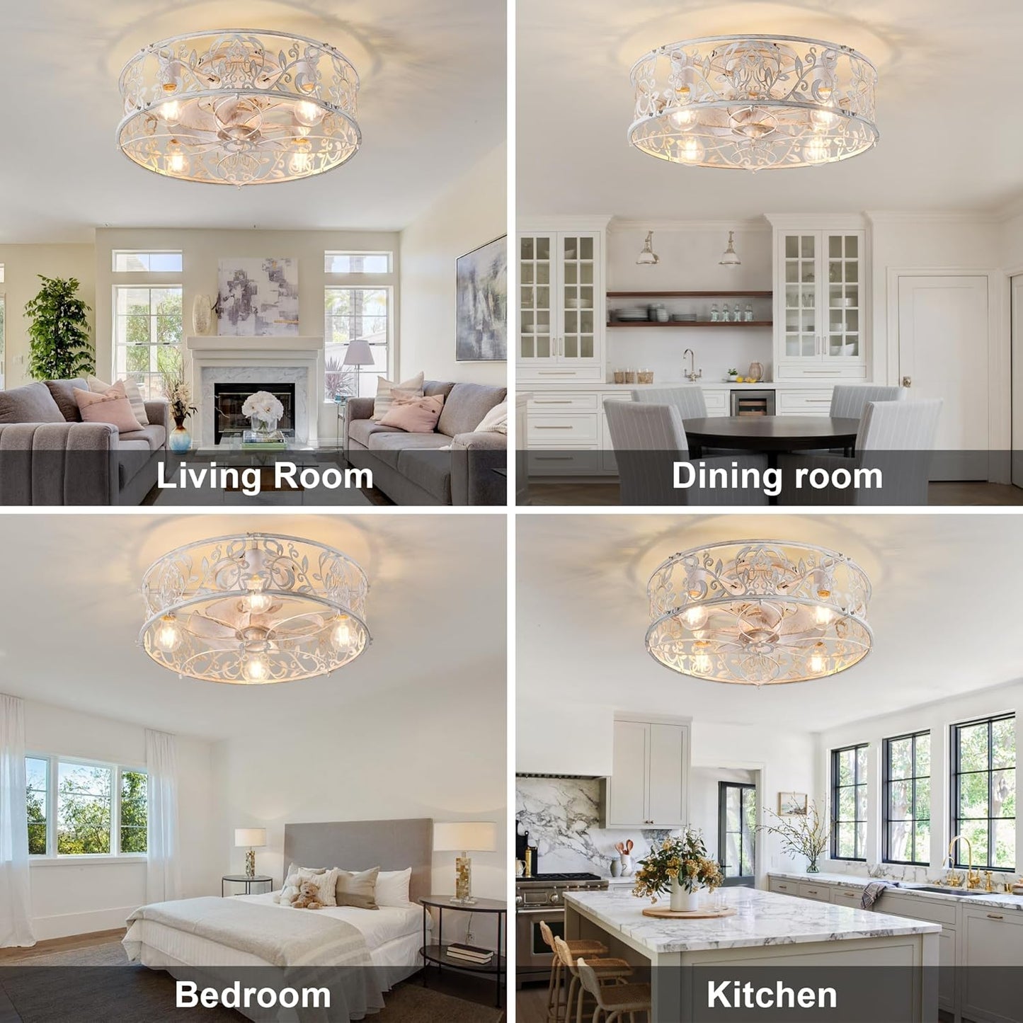 Garwarm Caged Low Profile Ceiling Fan with Lights and Remote, 20in Rustic Flush Mount Small Farmhouse Bladeless Ceiling Fan for Bedroom, Kitchen, Dining Room