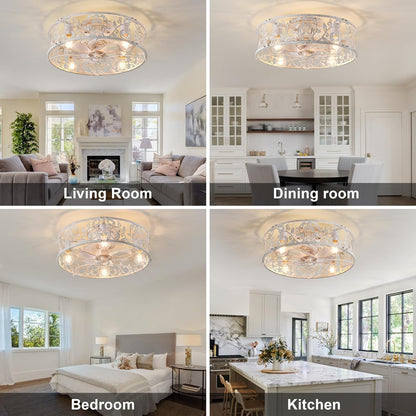 Garwarm Caged Low Profile Ceiling Fan with Lights and Remote, 20in Rustic Flush Mount Small Farmhouse Bladeless Ceiling Fan for Bedroom, Kitchen, Dining Room