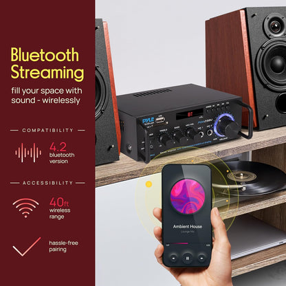 Pyle Bluetooth Amplifier-Wireless Dual Channel Stereo Amp, Powerful and Compact, 200W, LED Display, RCA/USB/SD/AUX/MIC in, FM Radio, Perfect for Home and Studio Audio