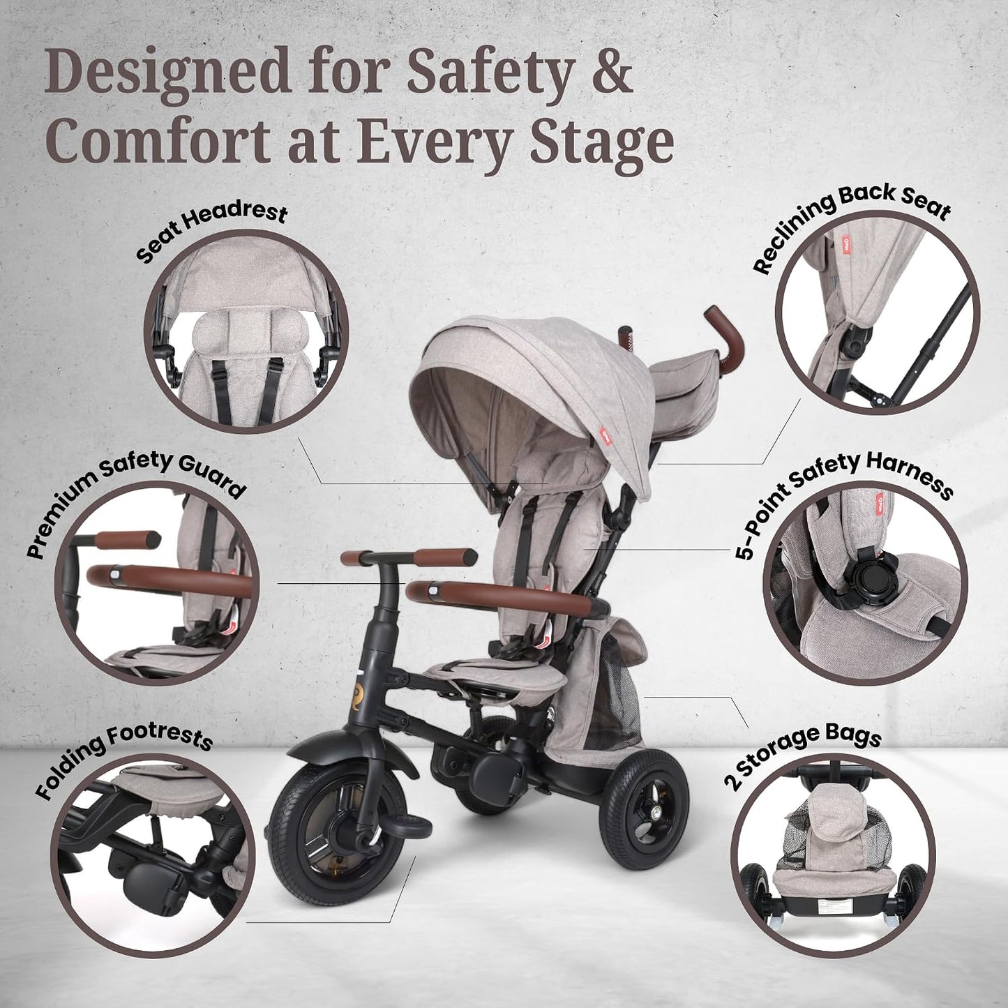 QPlay Rito Tricycle with Easy Folding Design | Portable, Compact, Air-Filled Tires | Parent-Controlled Push Trike for Kids 10 Months to 4+ Years | Premium Edition | Glacier Gray