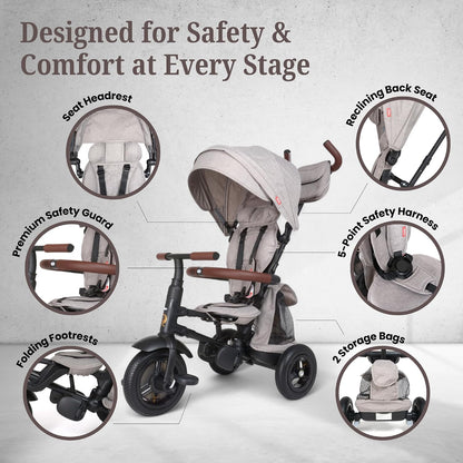 QPlay Rito Tricycle with Easy Folding Design | Portable, Compact, Air-Filled Tires | Parent-Controlled Push Trike for Kids 10 Months to 4+ Years | Premium Edition | Glacier Gray
