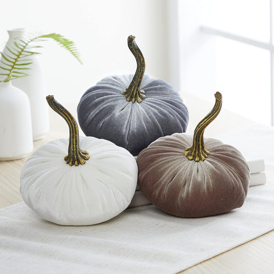 Velvet pumpkins set of 3 small, neutral home decor, fall tablescape, tiered tray centerpiece, elegant gift set for friend, Thanksgiving centerpiece, cozy autumn vibe, hygge home (Gray, Taupe, Ivory)