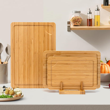 Bamboo Cutting Board for Kitchen, Bamboo Cutting Board Set of 3 with Juice Groove, Double-Sided Chopping Board Serving Board with Hanging Hole for Meat, Vegetables and Cheese