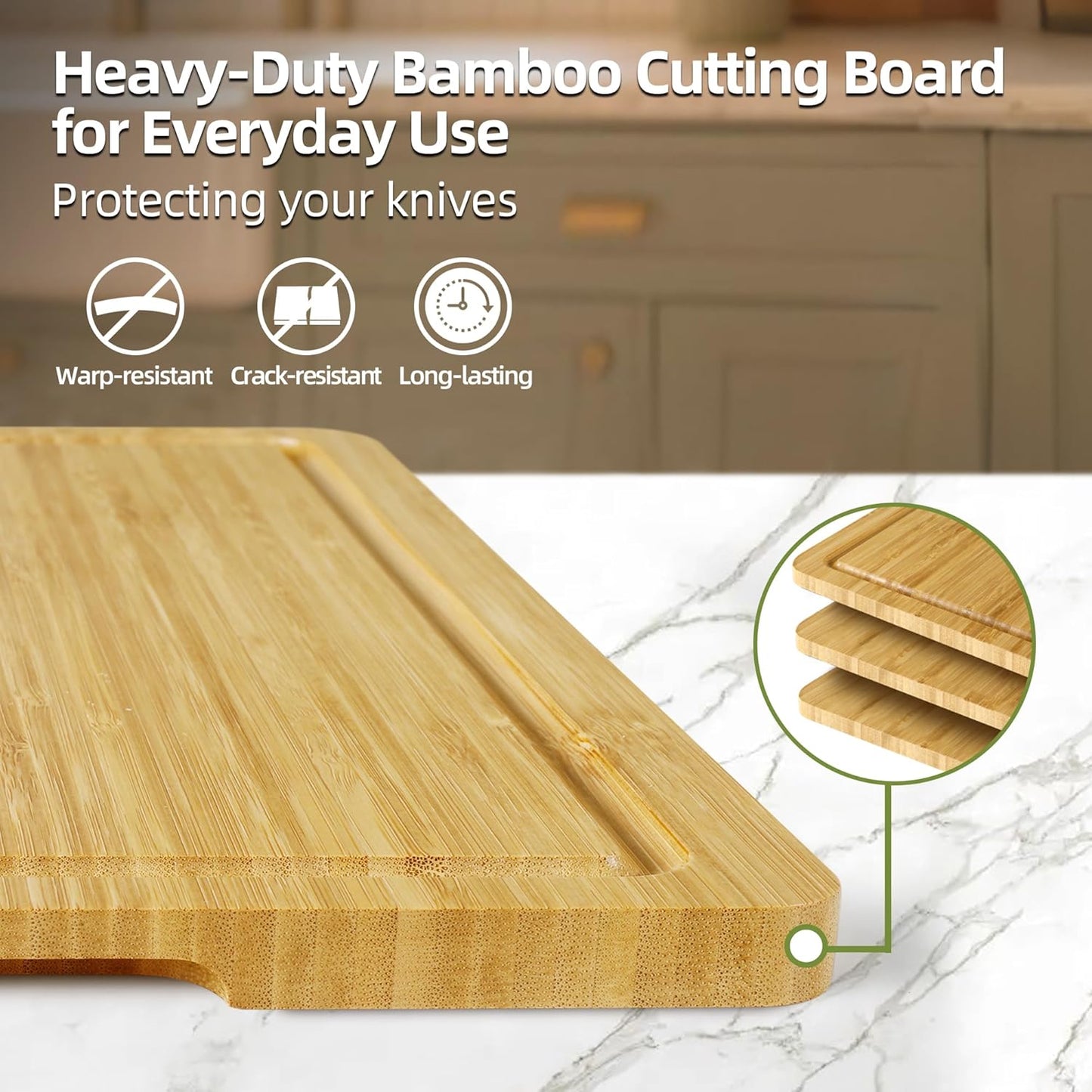 Bamboo Cutting Board for Kitchen, Bamboo Cutting Board Set of 3 with Juice Groove, Double-Sided Chopping Board Serving Board with Hanging Hole for Meat, Vegetables and Cheese