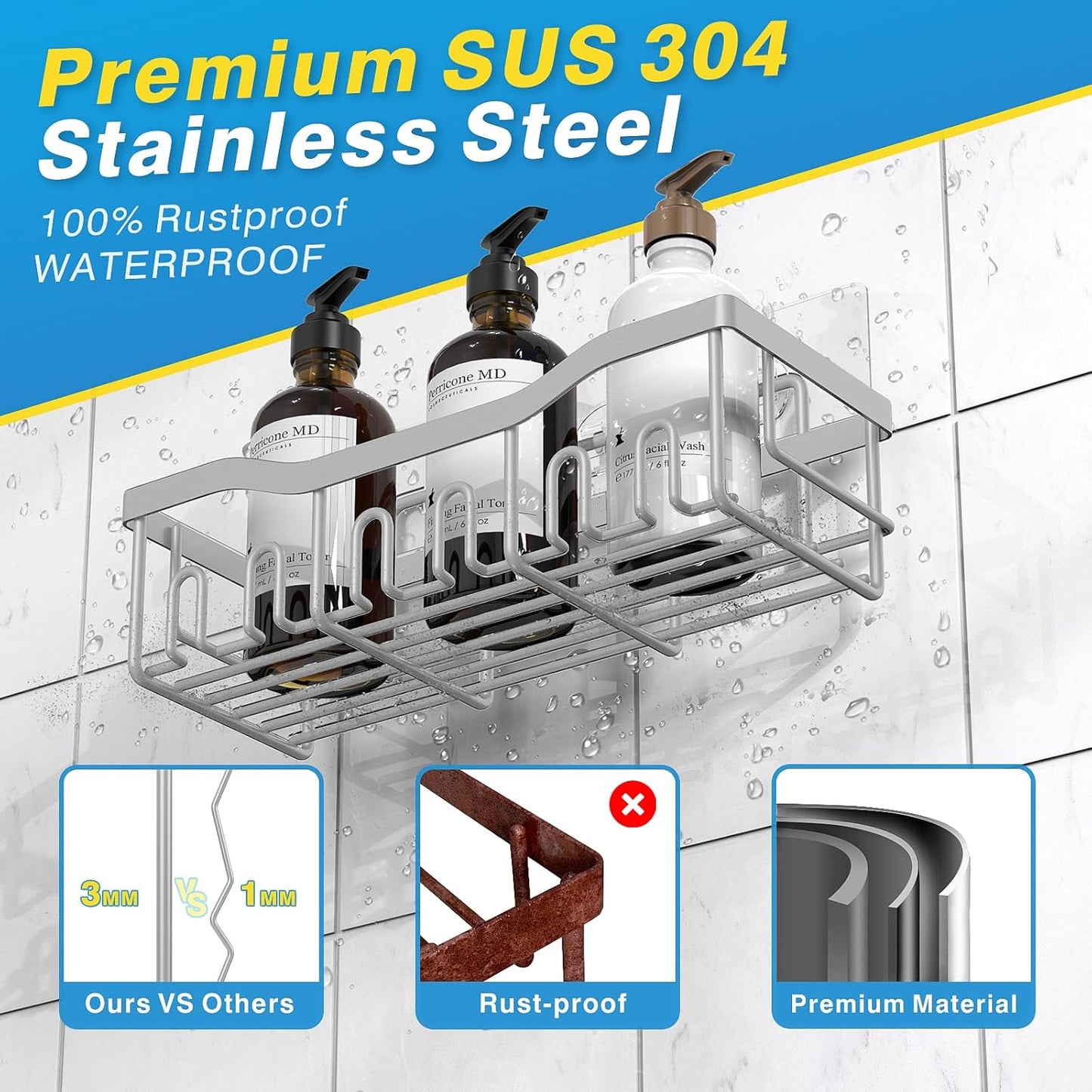 EUDELE 5-Pack Rustproof Stainless Steel Shower Caddy – No Drill Adhesive Bathroom Organizer with Large Capacity, Spacious Shower Shelves for Inside Shower, Kitchen & Home Decor Storage