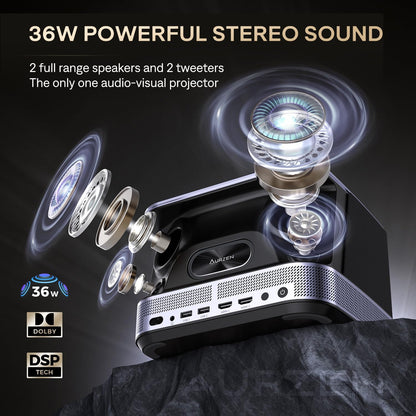 AURZEN Boom 3 Smart Projector, 4K Support, Official NetfIix, 3D DoIby Audio, 36W Speakers, AI Auto Focus & Keystone, WiFi Bluetooth 60Hz Outdoor Projecteur, Black