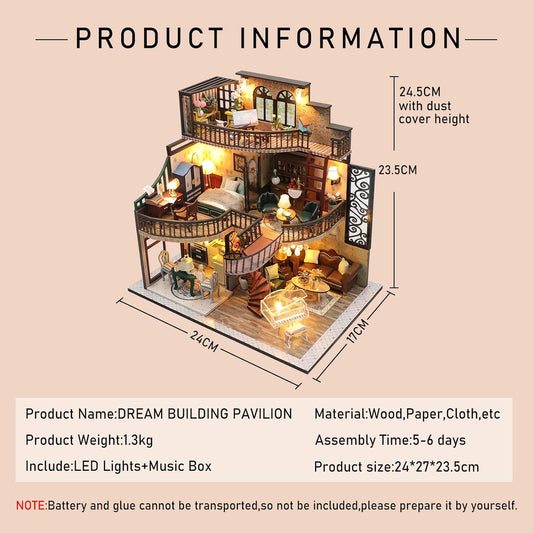 CUTEROOM DIY Miniature House Kit, Miniature House Kit, DIY Miniature Dollhouse Kit with Funiture LED Lights & Music Box-MC, Creative Room for Valentine's Day Gift Idea (M2132)