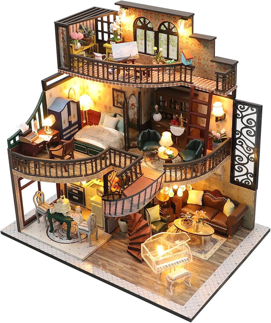 CUTEROOM DIY Miniature House Kit, Miniature House Kit, DIY Miniature Dollhouse Kit with Funiture LED Lights & Music Box-MC, Creative Room for Valentine's Day Gift Idea (M2132)