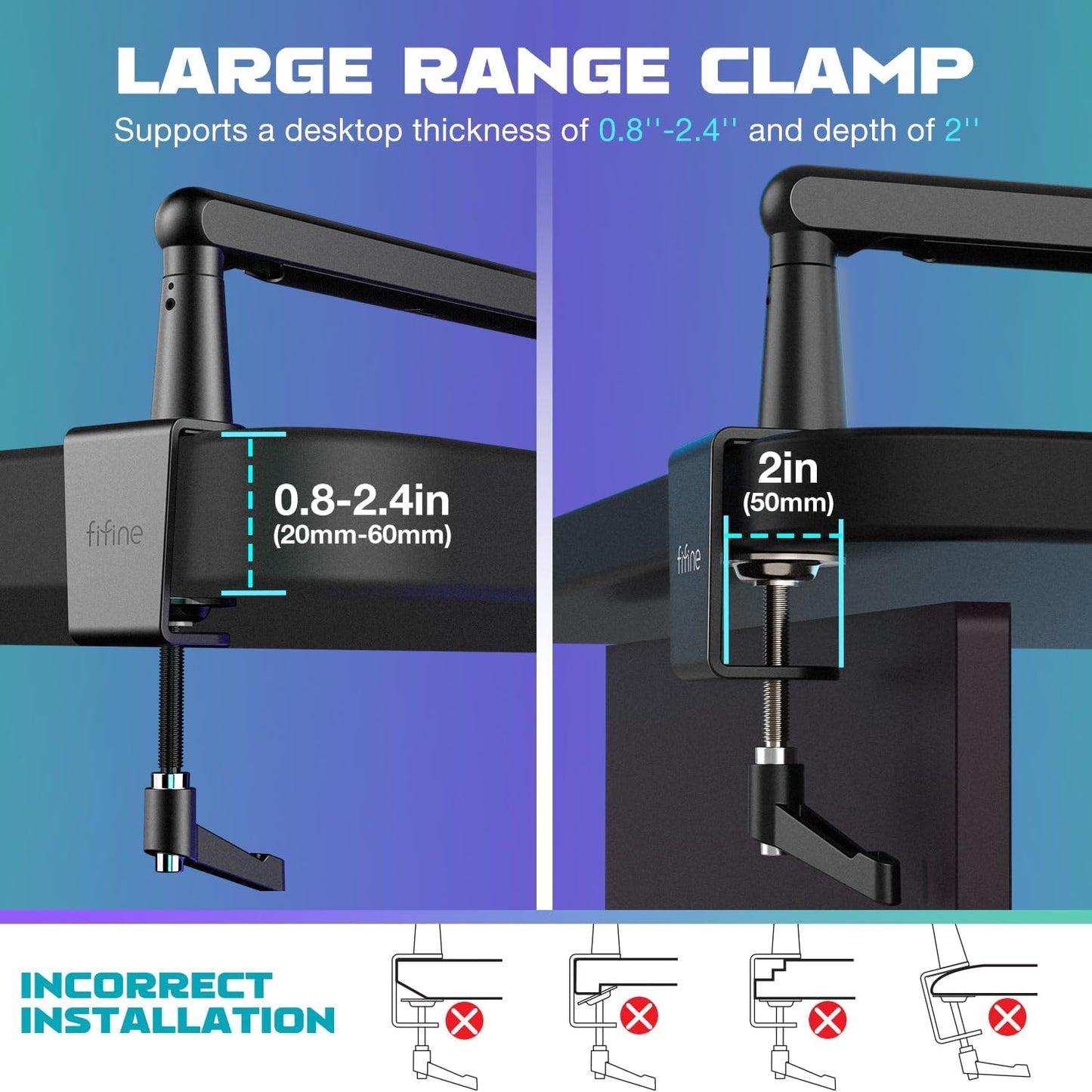 FIFINE BM88 Low Profile Microphone Boom Arm Stand – Adjustable Metal Mic Arm with Desk Clamp, Cable Management, 1/4” 3/8” 5/8” Threads