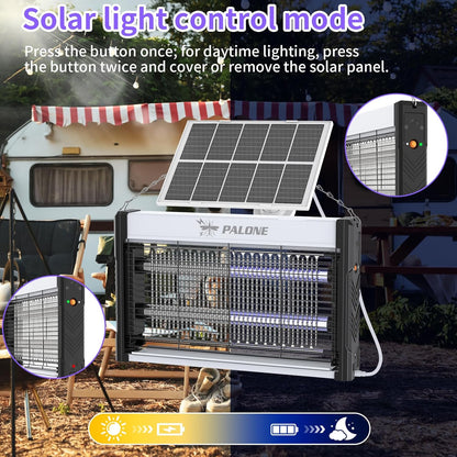 PALONE Solar Bug Zapper, 4000V Electric Bug Zapper with 8W Solar Panel, Rechargeable Bug Zapper with LED Light, Fly Zapper with Fireproof Waterproof, Indoor Outdoor Zapper for Kitchen,Camping,Patio