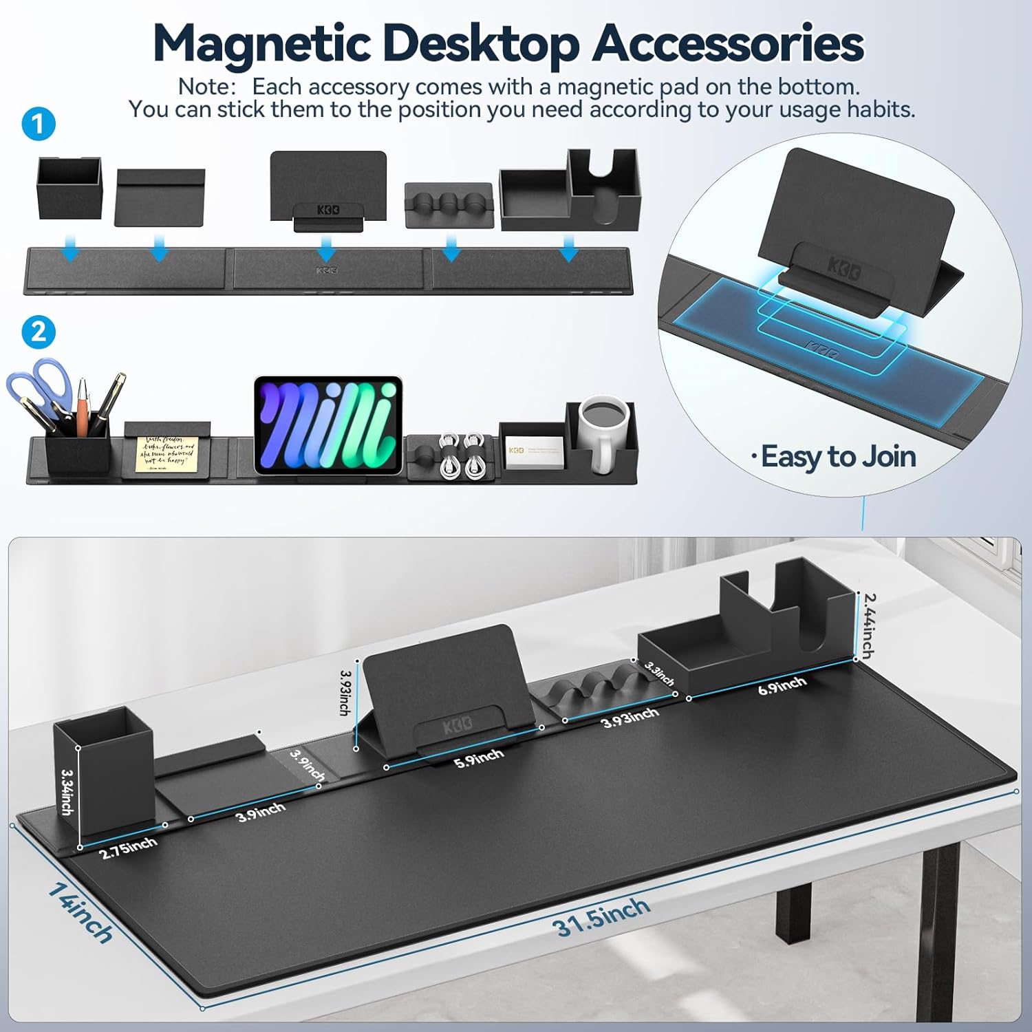 6-in-1 Desk Pad and Organizer Set with Magnetic Storage, Large Faux Leather Mouse Mat with Phone Stand, Cup Holder, Pen Holder, and Cable Management (Black) - PuriLite