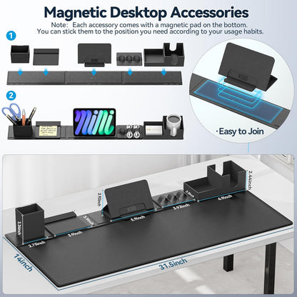 6-in-1 Desk Pad and Organizer Set with Magnetic Storage, Large Faux Leather Mouse Mat with Phone Stand, Cup Holder, Pen Holder, and Cable Management (Black) - PuriLite