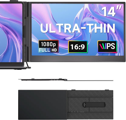 14” Laptop Screen Extender – Portable Dual Monitor IPS FHD 1080P, USB-C & HDMI Plug & Play, Rotatable Travel Display