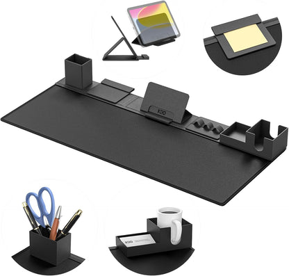 6-in-1 Desk Pad and Organizer Set with Magnetic Storage, Large Faux Leather Mouse Mat with Phone Stand, Cup Holder, Pen Holder, and Cable Management (Black) - PuriLite
