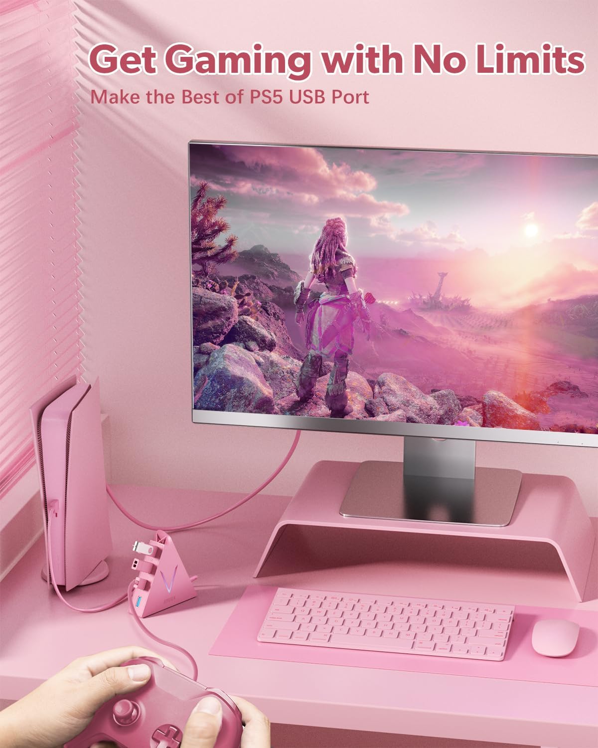 4-Port USB 3.0 Hub with Vertical Design, High-Speed Data Transfer Hub with Extended Cable and Ambient Light for Laptop and Desktop Expansion (Pink) - PuriLite