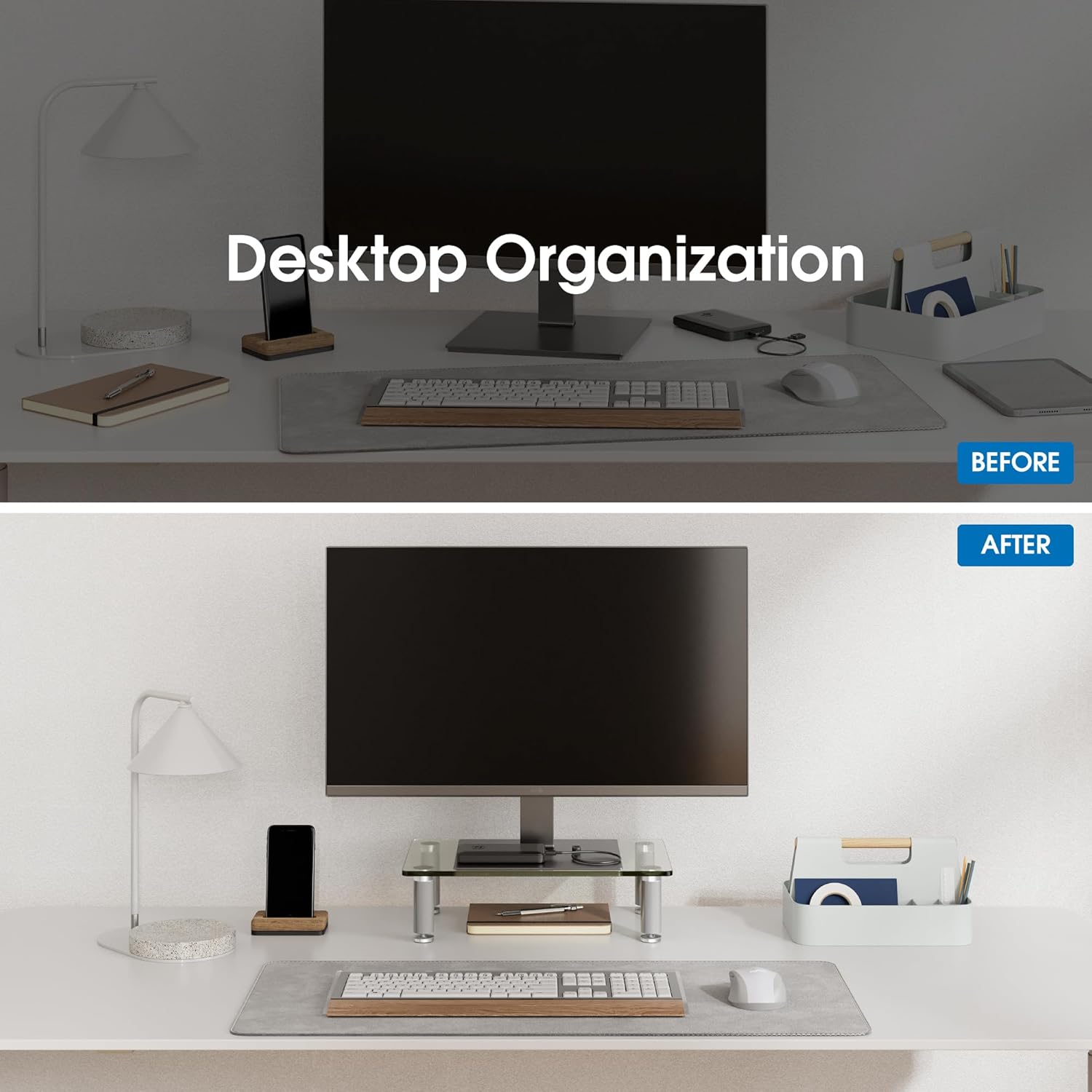 Clear Glass Monitor Stand Riser – Height Adjustable Desktop Monitor & Laptop Stand, 77 lb Capacity, Home Office Desk Organizer - PuriLite
