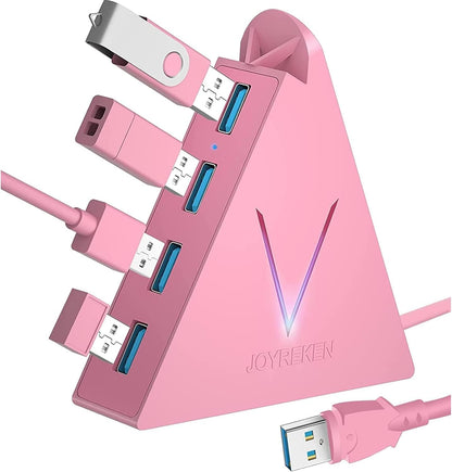 4-Port USB 3.0 Hub with Vertical Design, High-Speed Data Transfer Hub with Extended Cable and Ambient Light for Laptop and Desktop Expansion (Pink) - PuriLite