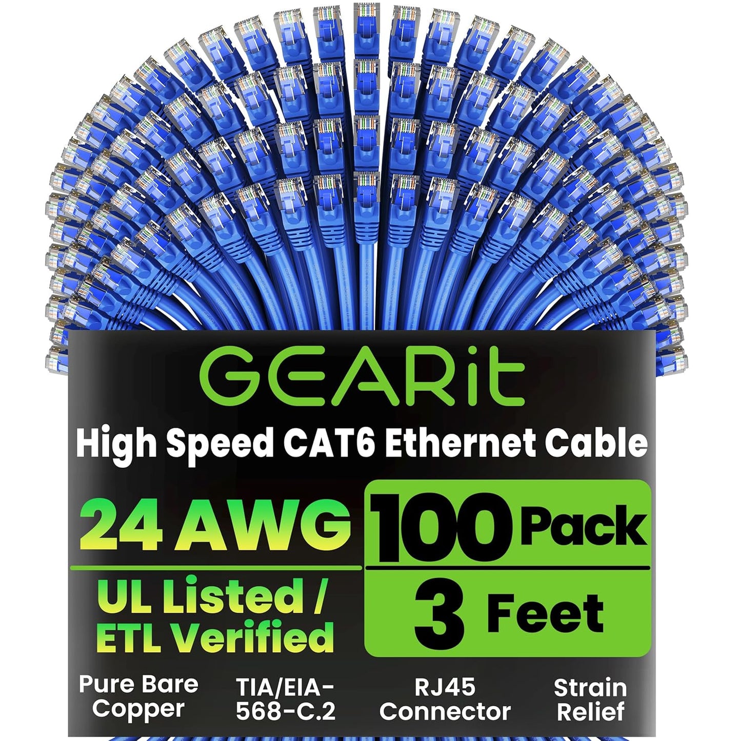 GearIT Cat6 Ethernet Cable 100-Pack – 3ft Snagless RJ45 LAN Patch Cords, Gigabit & 10G Network Cables for Switches, Routers & POE Racks (Blue)