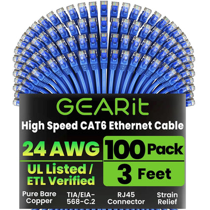 GearIT Cat6 Ethernet Cable 100-Pack – 3ft Snagless RJ45 LAN Patch Cords, Gigabit & 10G Network Cables for Switches, Routers & POE Racks (Blue)