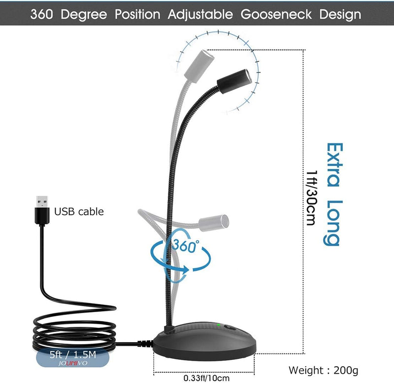 JOUNIVO USB Microphone, 360 Degree Adjustable Gooseneck Design, Mute Button & LED Indicator, Noise-Canceling Technology, Plug & Play, Compatible with Windows & MacOS