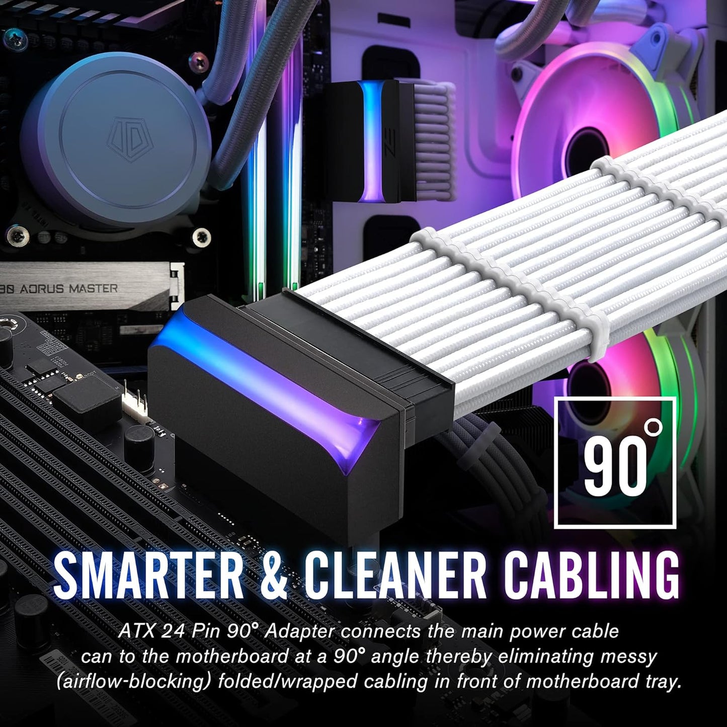 ATX 24-Pin 90 Degree ARGB Power Adapter – Right Angle Female to Male PSU Connector with 5V 3-Pin Addressable RGB for ATX Motherboards (Black)