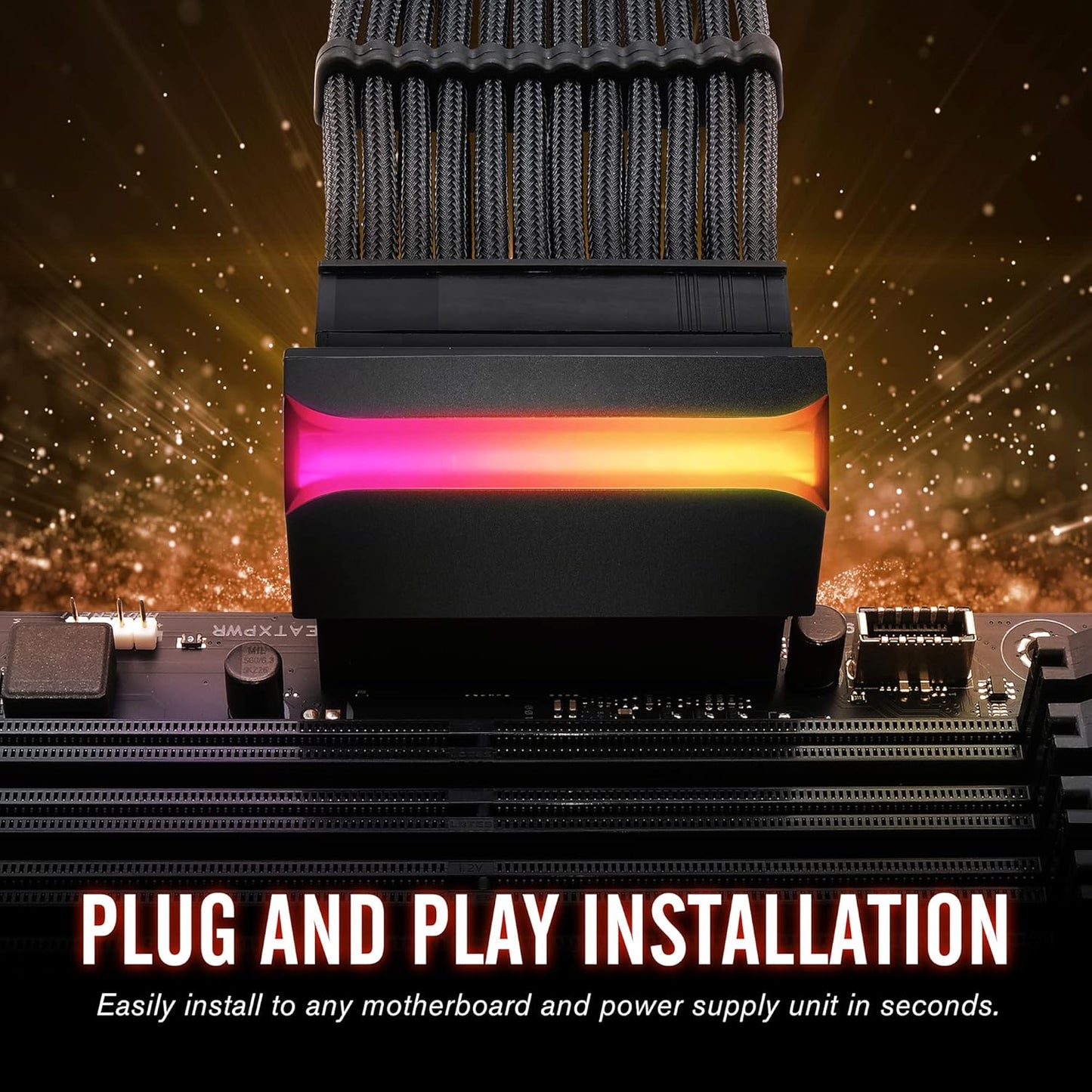 ATX 24-Pin 90 Degree ARGB Power Adapter – Right Angle Female to Male PSU Connector with 5V 3-Pin Addressable RGB for ATX Motherboards (Black)