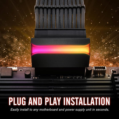 ATX 24-Pin 90 Degree ARGB Power Adapter – Right Angle Female to Male PSU Connector with 5V 3-Pin Addressable RGB for ATX Motherboards (Black)