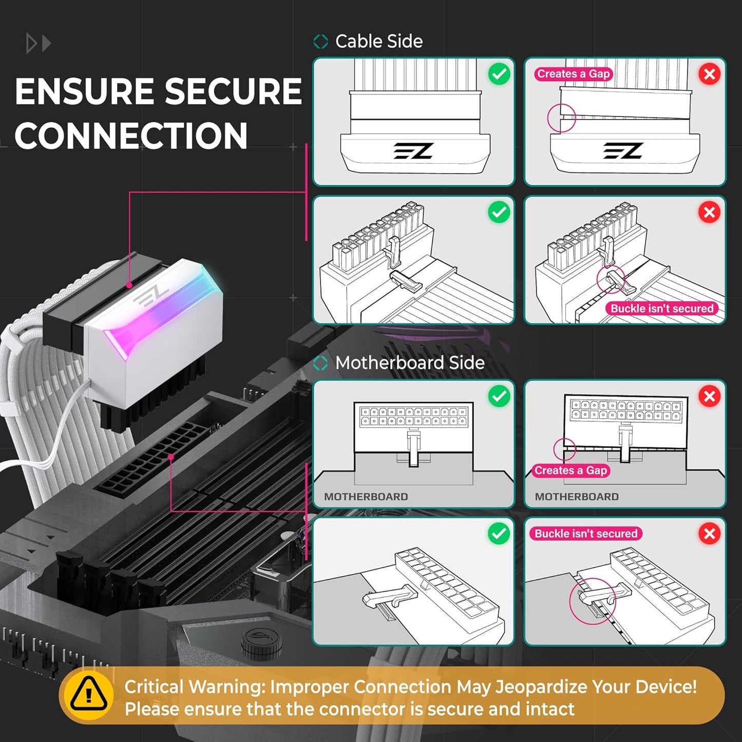 ATX 24-Pin 90 Degree ARGB Power Adapter – Right Angle Female to Male PSU Connector with 5V 3-Pin Addressable RGB for ATX Motherboards (Black)