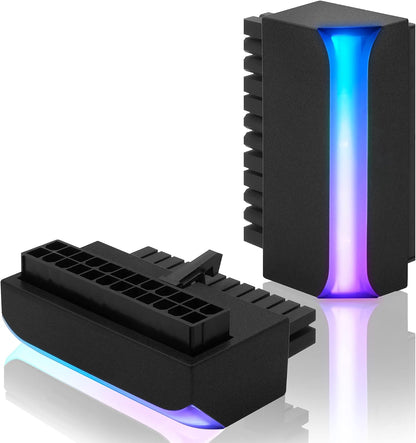 ATX 24-Pin 90 Degree ARGB Power Adapter – Right Angle Female to Male PSU Connector with 5V 3-Pin Addressable RGB for ATX Motherboards (Black)