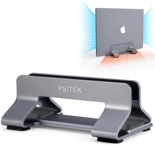 Psitek Aluminum Vertical Laptop Stand Dock Holder – Adjustable 12-42mm Slot Width, Space-Saving Upright Storage for MacBook and Laptops