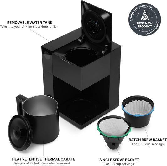 Fellow Aiden Precision Coffee Maker - 10-Cup Thermal Carafe, Built-In Brewing Guidance, Scheduling, Removable Water Tank, Matte Black - PuriLite