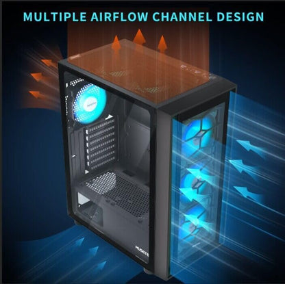 MUSETEX G07 ATX Mid Tower Gaming PC Case – 6 Pre-Installed PWM ARGB Fans, Double Tempered Glass, USB 3.0, High Airflow (Black) - PuriLite