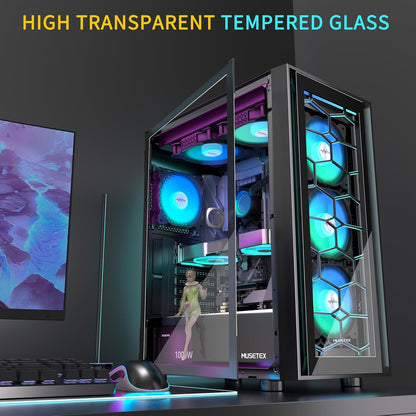 MUSETEX G07 ATX Mid Tower Gaming PC Case – 6 Pre-Installed PWM ARGB Fans, Double Tempered Glass, USB 3.0, High Airflow (Black) - PuriLite