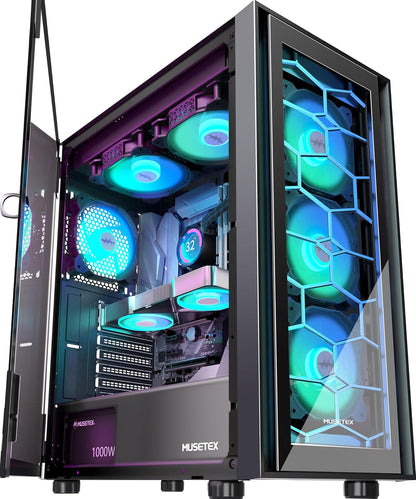 MUSETEX G07 ATX Mid Tower Gaming PC Case – 6 Pre-Installed PWM ARGB Fans, Double Tempered Glass, USB 3.0, High Airflow (Black) - PuriLite