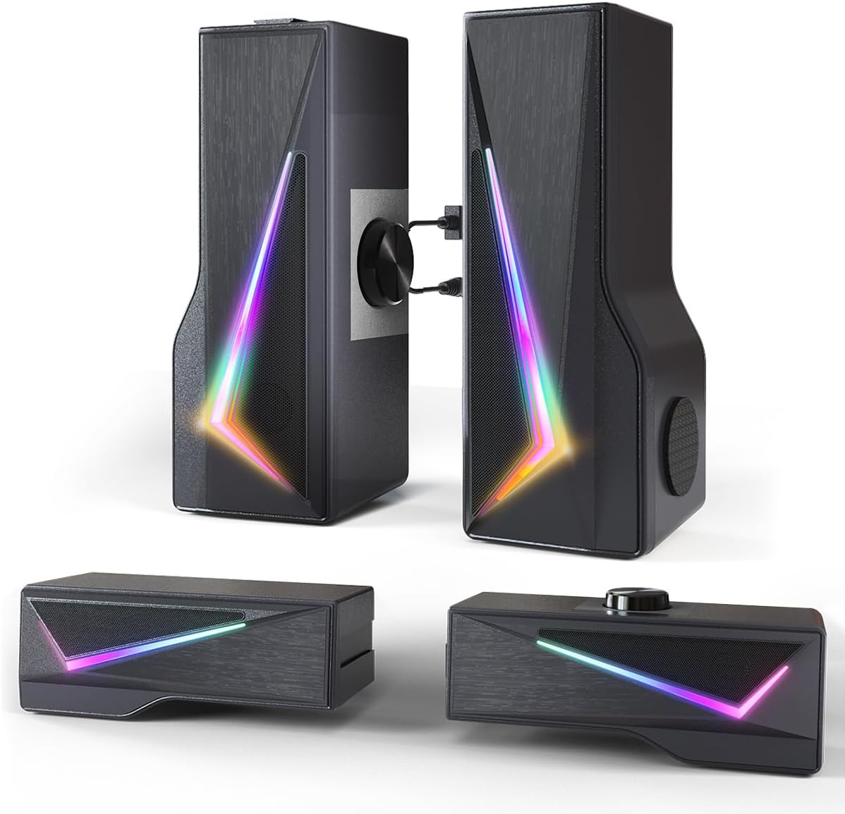 2-in-1 Detachable PC Speakers for Desktop and Gaming, Stereo Soundbar with LED Lights, USB Powered Computer Speakers with 3.5mm Aux Input - PuriLite