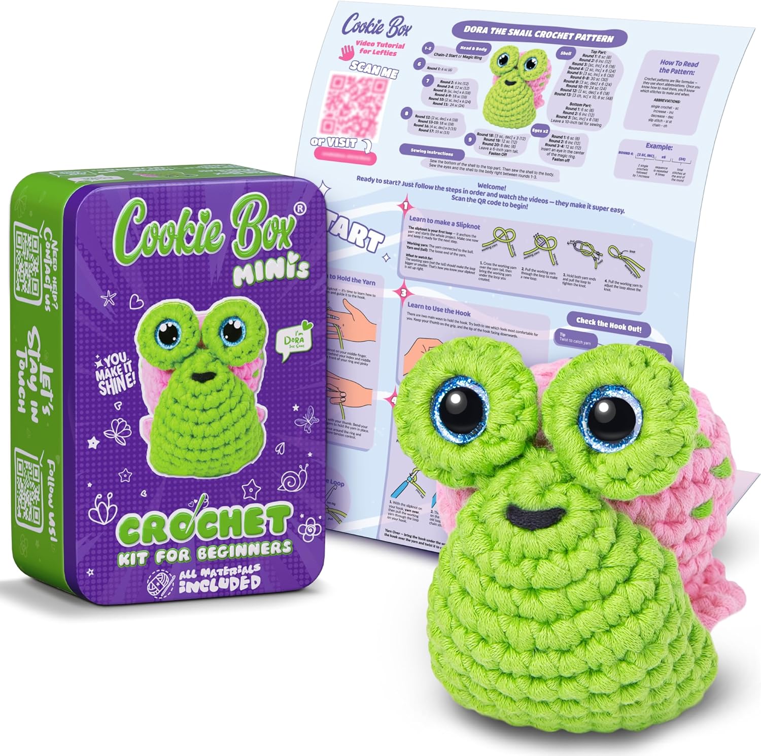 Cookie Box Crochet Kit for Beginners – Snail Dora Amigurumi Plushie DIY Kit – Easy Starter Set with Yarn, Tools & Video Tutorial - PuriLite