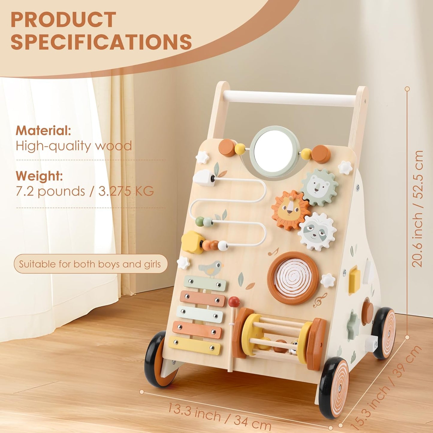 Wooden Baby Walker, Baby Push Walker with Activity Center for Girls Boys, Push Walker Toys for Babies Learning to Walk, Sit-to-Stand