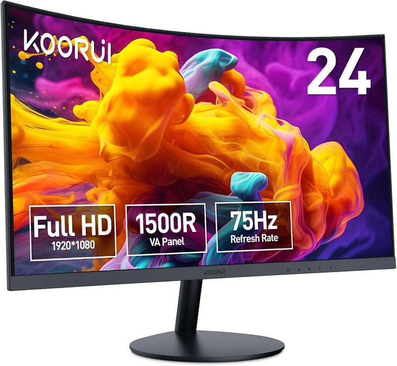 KOORUI 24 inch Curved Monitor, Full HD 1080P Curved Computer Monitor, 1500R, 75Hz Monitor, HDMI VGA, Tilt Adjustment, LCD Monitor, Eye Care, Black 24N5CA