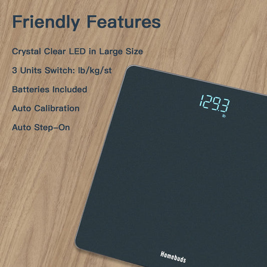 Homebuds Digital Bathroom Scale for Body Weight, Weighing Professional Since 2001, Crystal Clear LED and Step-on, Batteries Included, 400lb/180kg, Blue - PuriLite