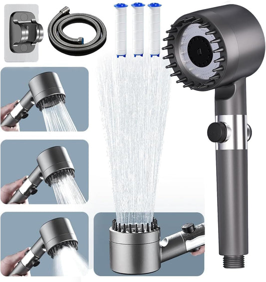 Shower Head with Hose 1.5M, Ion Drops Shower Head with Handheld for Hard Water, 4 Modes Iondrops Filtered Showerhead, High Pressure Shower Heads with ON/Off Switch Grey