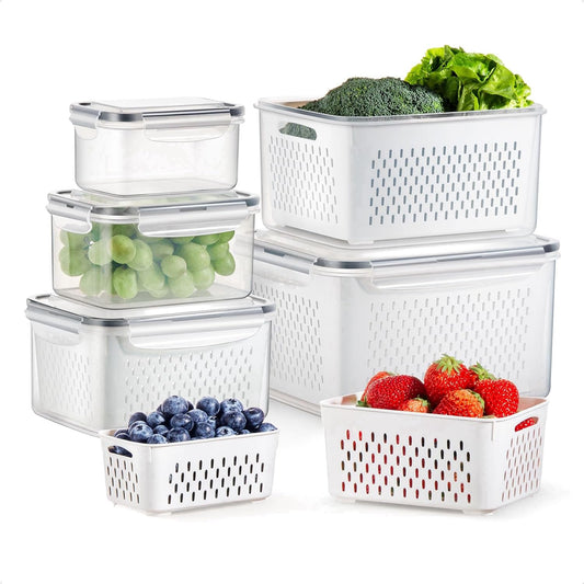 5-Pack Large Fruit Containers for Fridge, Leakproof Produce Storage Keeper with Removable Colander Food Grade BPA FREE Keep Vegetables Berry Veggies Lettuce Banana Meat Food Fresh Longer