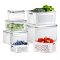 5-Pack Large Fruit Containers for Fridge, Leakproof Produce Storage Keeper with Removable Colander Food Grade BPA FREE Keep Vegetables Berry Veggies Lettuce Banana Meat Food Fresh Longer