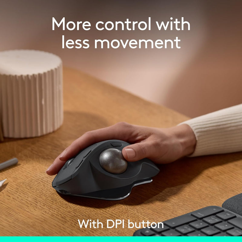 Logitech MX Ergo S Advanced Wireless Trackball Mouse, USB-C Rechargeable Wireless Ergonomic Mouse with Bluetooth and Encrypted Dongle, 6 Programmable Buttons, for PC/Mac - Graphite