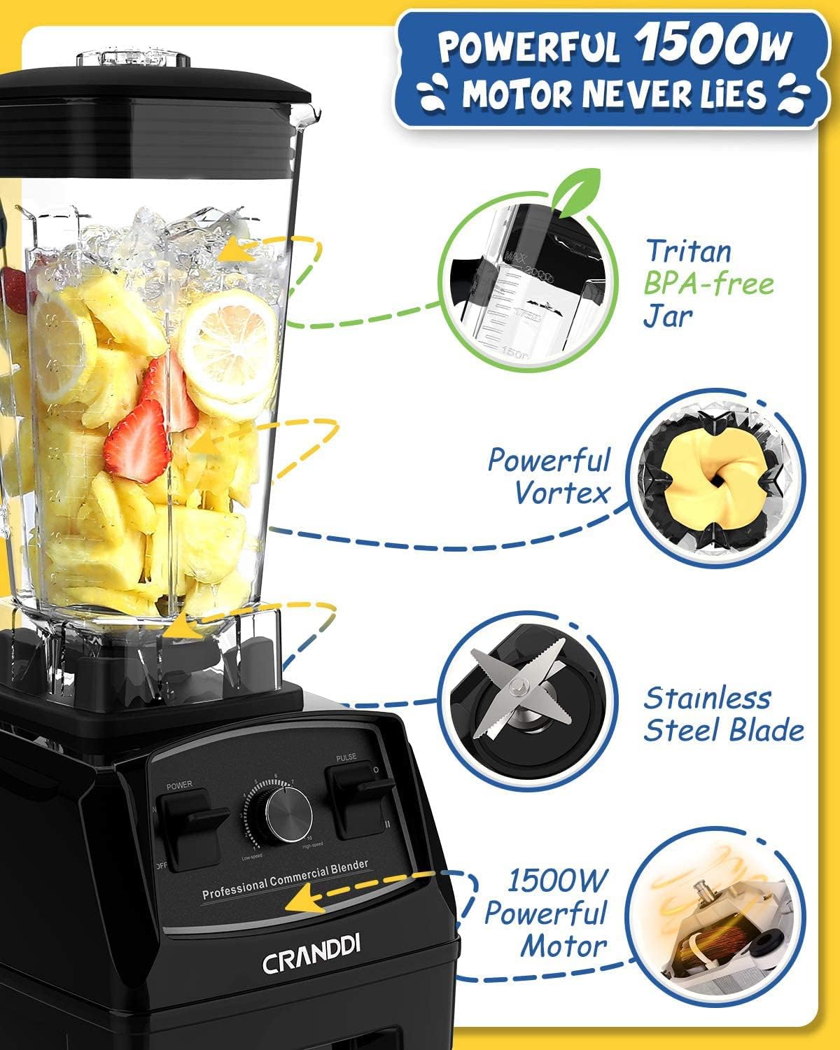 CRANDDI Professional Blender, 70oz Commercial Blender for Smoothies, 1500W Power Blender with 10 Speeds Control for Home, Self-Cleaning,YL-010 Black New