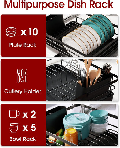 Dish Drying Rack - Compact Dish Racks with Drain Board for Kitchen Counter, Durable Stainless Steel Dish Rack Used in Sink & on Countertop, Black, Large